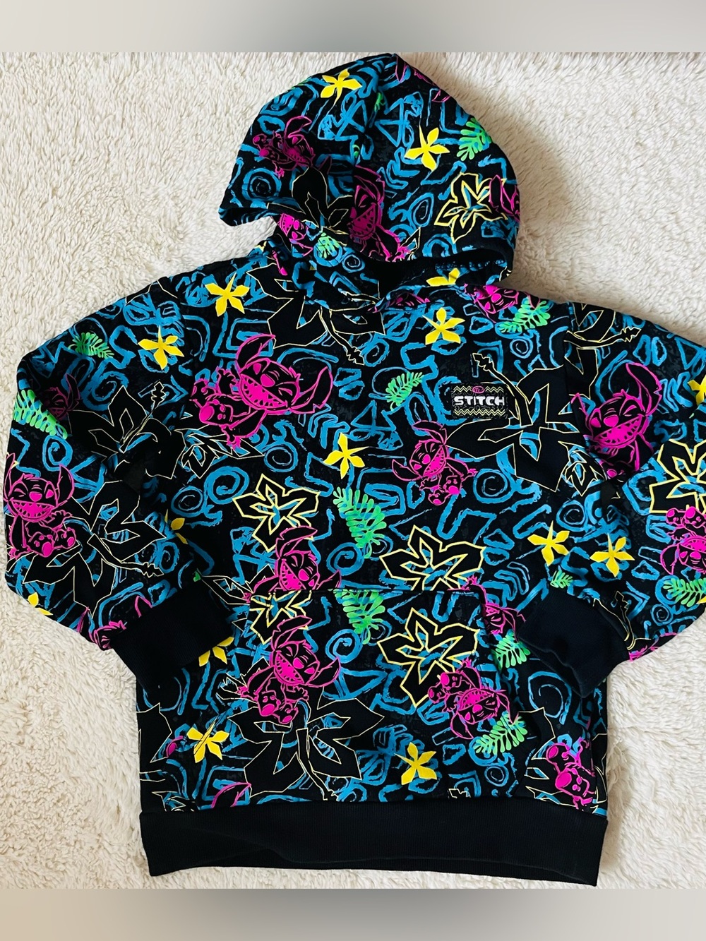 Disney Lilo & Stitch Black Neon Floral Hoodie for Kids Sz 9/10